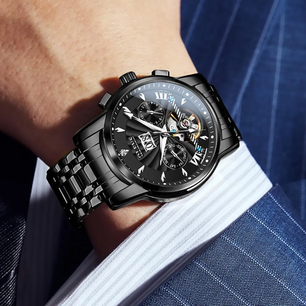 OLEVS Men Automatic Watch Stainless Steel Skeleton Mechanical Date Calendar Luxury Classic Business Waterproof Luminous Wrist Watches