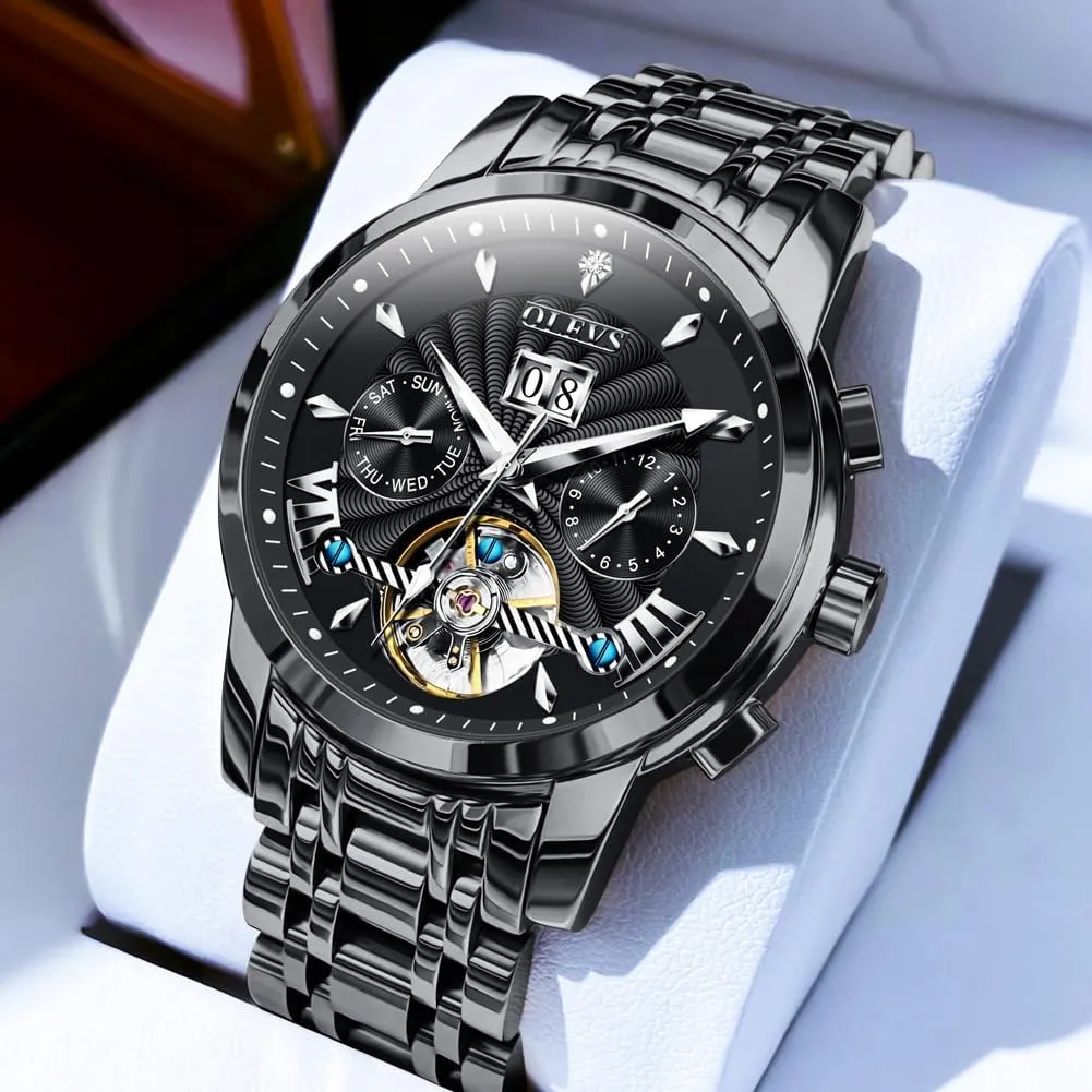 OLEVS Men Automatic Watch Stainless Steel Skeleton Mechanical Date Calendar Luxury Classic Business Waterproof Luminous Wrist Watches