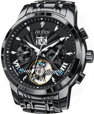 OLEVS Men Automatic Watch Stainless Steel Skeleton Mechanical Date Calendar Luxury Classic Business Waterproof Luminous Wrist Watches