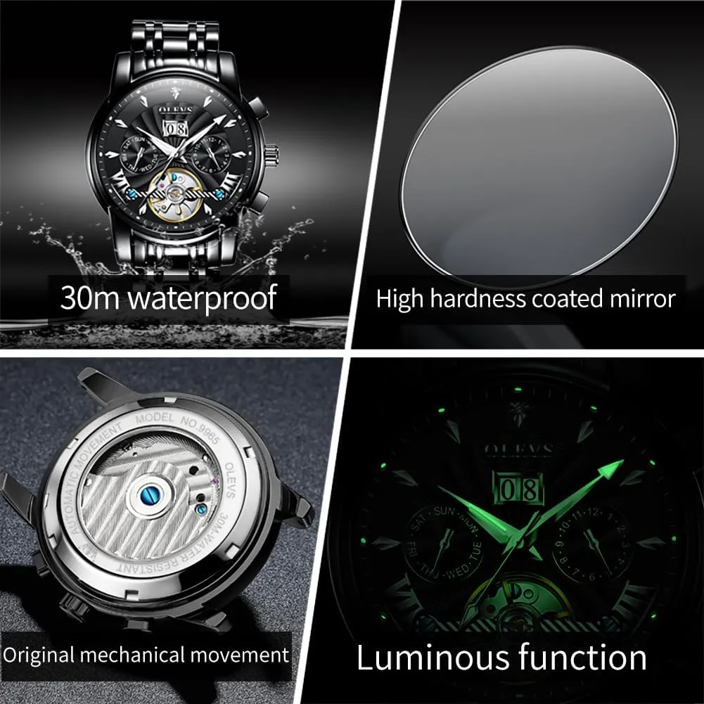 OLEVS Men Automatic Watch Stainless Steel Skeleton Mechanical Date Calendar Luxury Classic Business Waterproof Luminous Wrist Watches