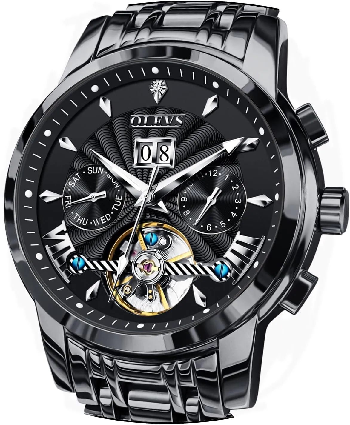 OLEVS Men Automatic Watch Stainless Steel Skeleton Mechanical Date Calendar Luxury Classic Business Waterproof Luminous Wrist Watches
