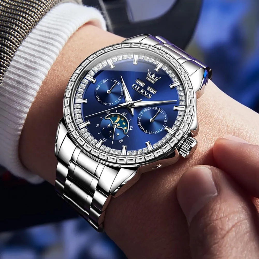 OLEVS Men Watch Luxury Automatic Self Winding Diamond Stainless Steel Multi-Function Calendar Watch Waterproof Luminous