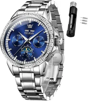 OLEVS Men Watch Luxury Automatic Self Winding Diamond Stainless Steel Multi-Function Calendar Watch Waterproof Luminous