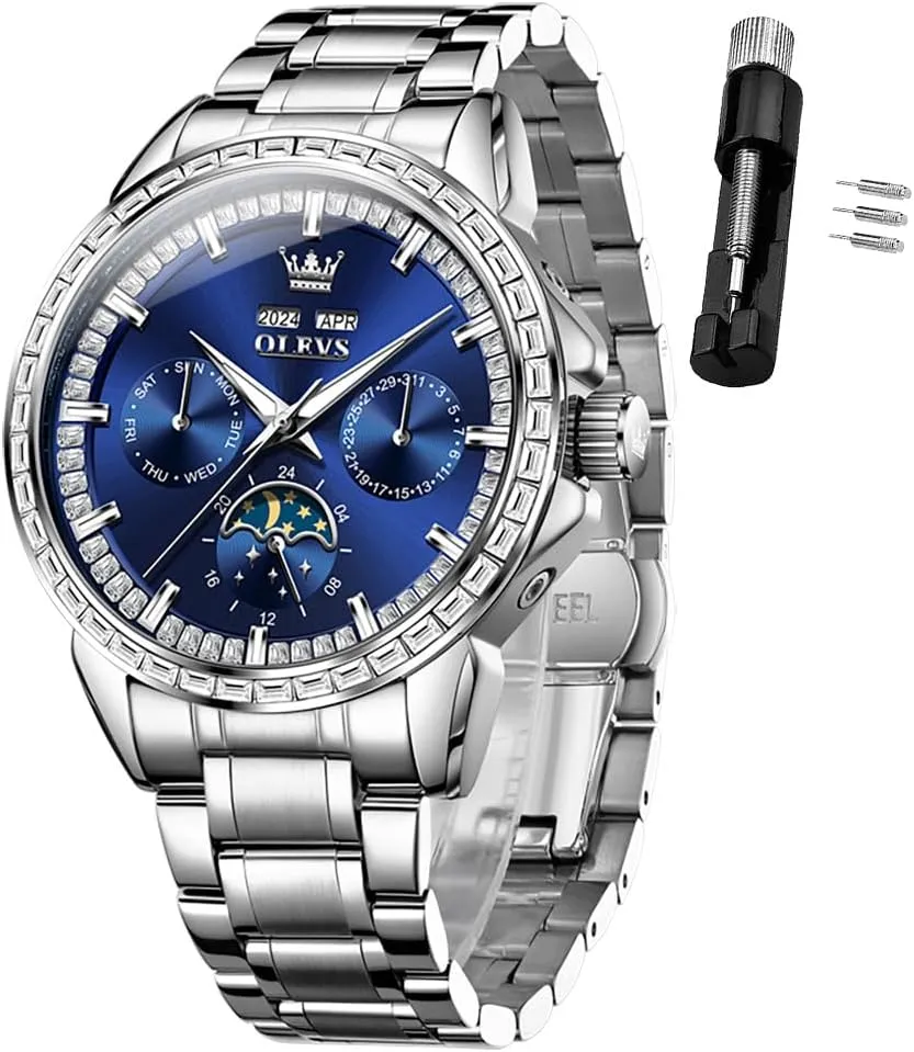 OLEVS Men Watch Luxury Automatic Self Winding Diamond Stainless Steel Multi-Function Calendar Watch Waterproof Luminous