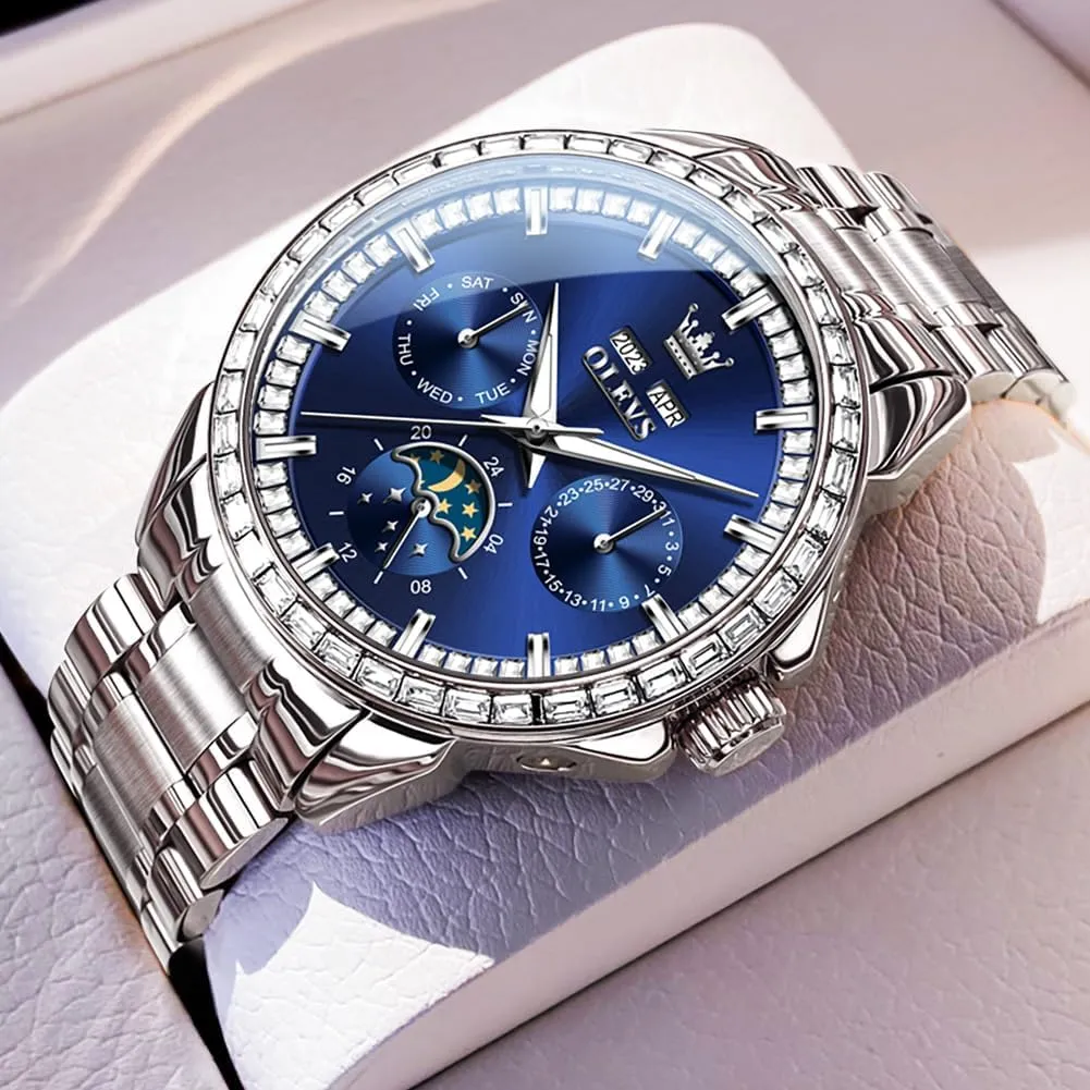 OLEVS Men Watch Luxury Automatic Self Winding Diamond Stainless Steel Multi-Function Calendar Watch Waterproof Luminous