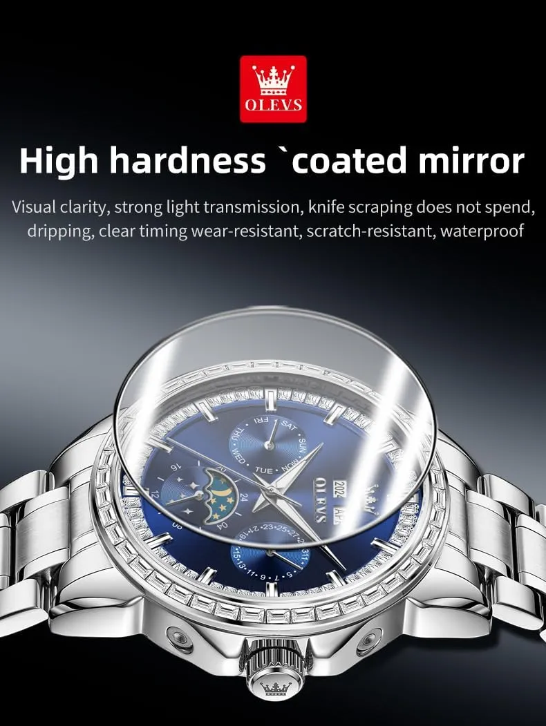 OLEVS Men Watch Luxury Automatic Self Winding Diamond Stainless Steel Multi-Function Calendar Watch Waterproof Luminous
