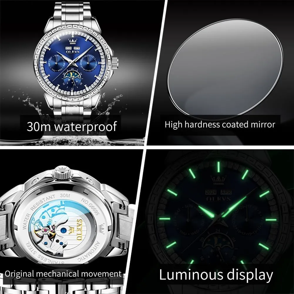 OLEVS Men Watch Luxury Automatic Self Winding Diamond Stainless Steel Multi-Function Calendar Watch Waterproof Luminous