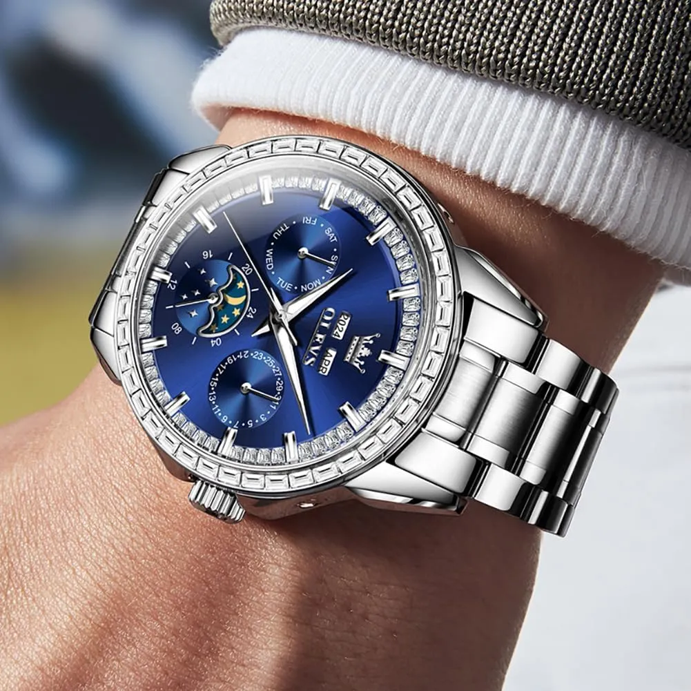 OLEVS Men Watch Luxury Automatic Self Winding Diamond Stainless Steel Multi-Function Calendar Watch Waterproof Luminous