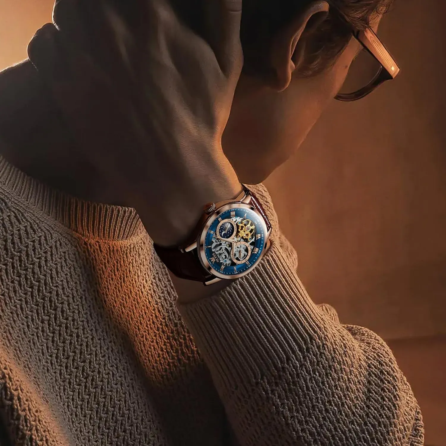 OLEVS Mens Automatic Watches Self-Winding Starry Sky Diamond Skeleton Luxury Wrist Watch Waterproof Luminous