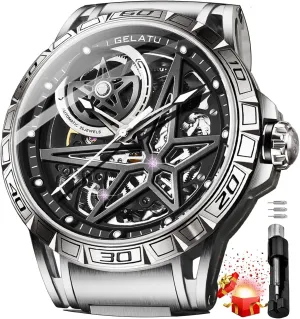 OLEVS Mens Automatic Watches Silver Skeleton Binary Star Galaxy Self Winding Mechanical Original Wrist Watch for Men