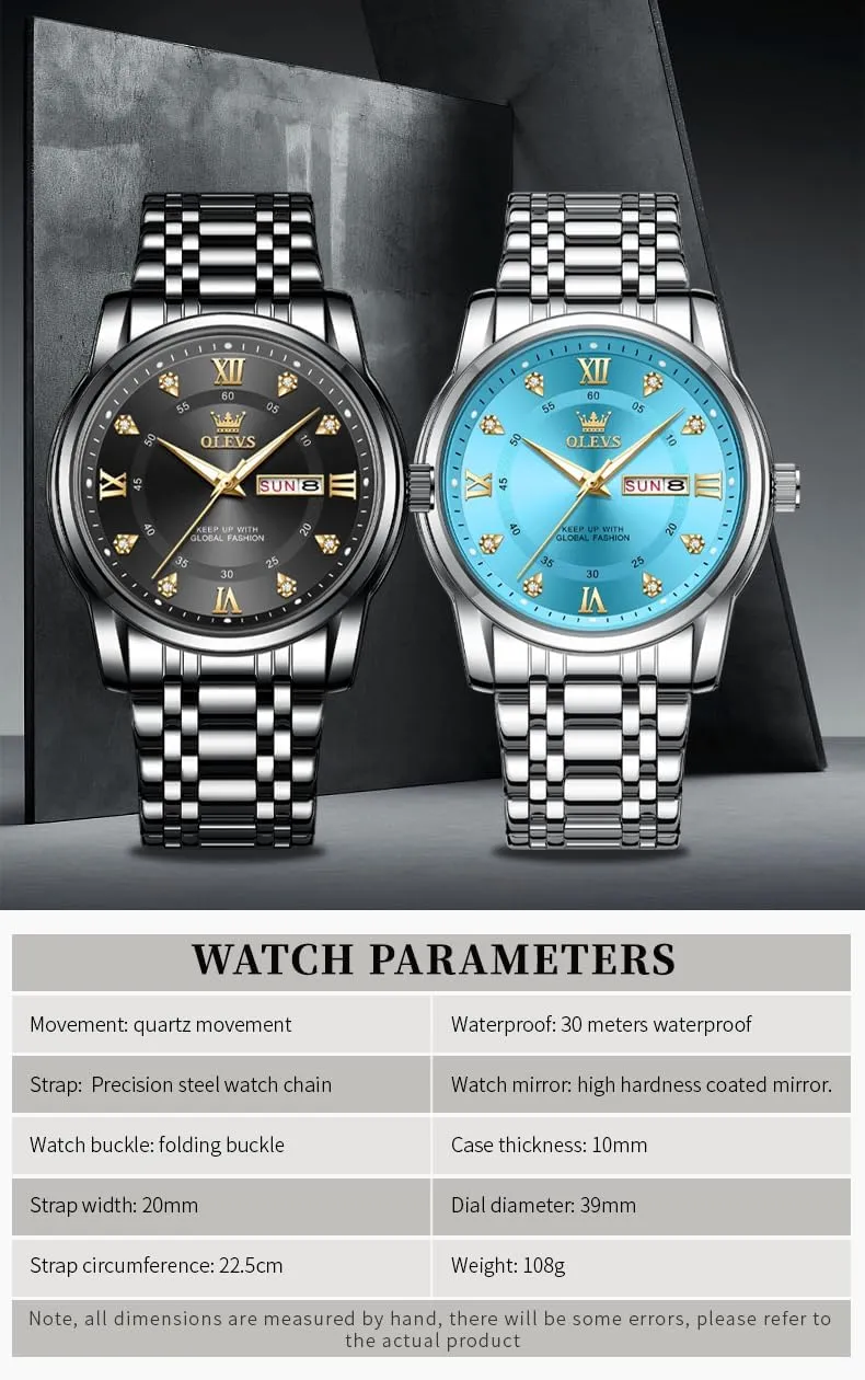 OLEVS Mens Diamond Watch Luxury Business Dress Wrist Watches Quartz Stainless Steel Waterproof Luminous Day Date