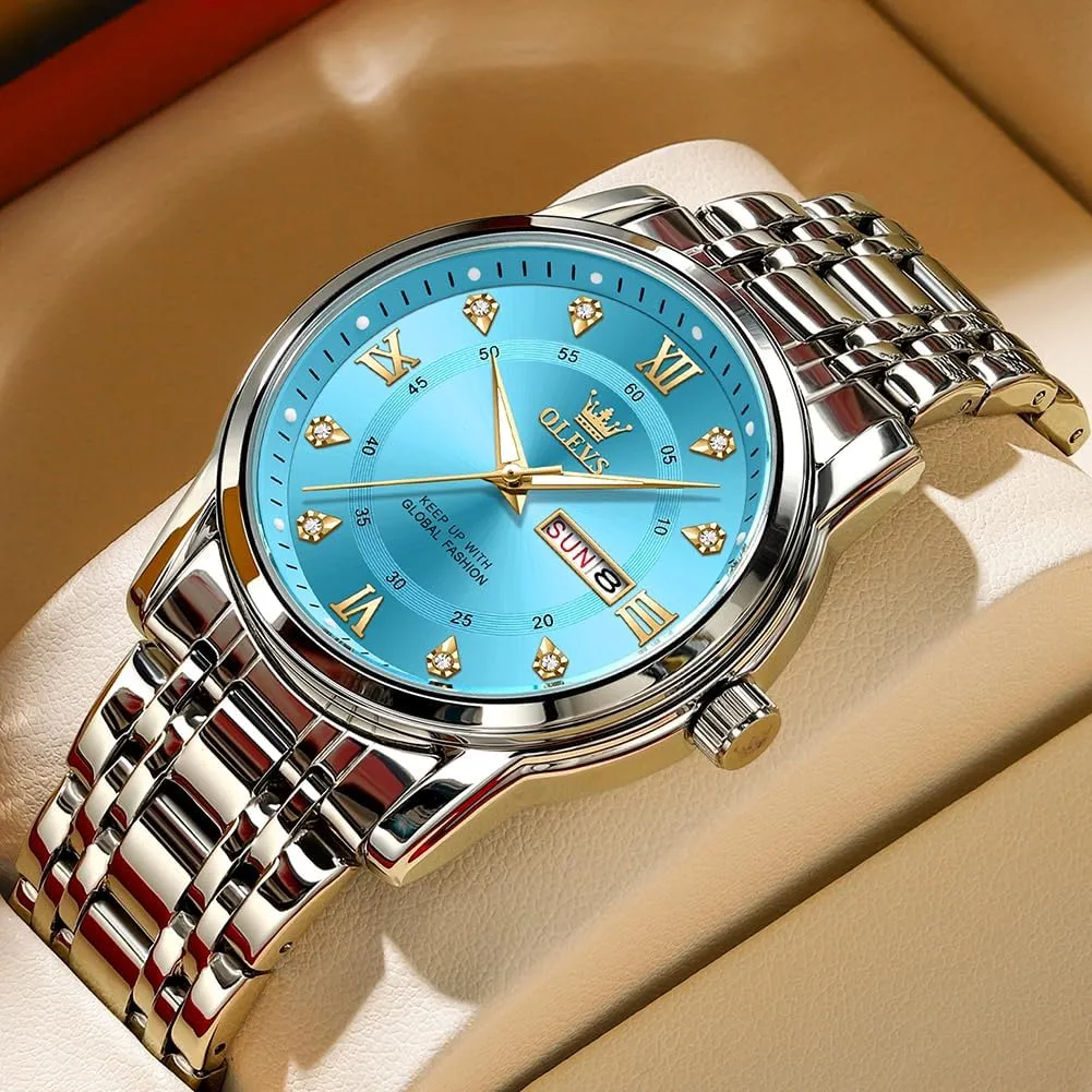 OLEVS Mens Diamond Watch Luxury Business Dress Wrist Watches Quartz Stainless Steel Waterproof Luminous Day Date
