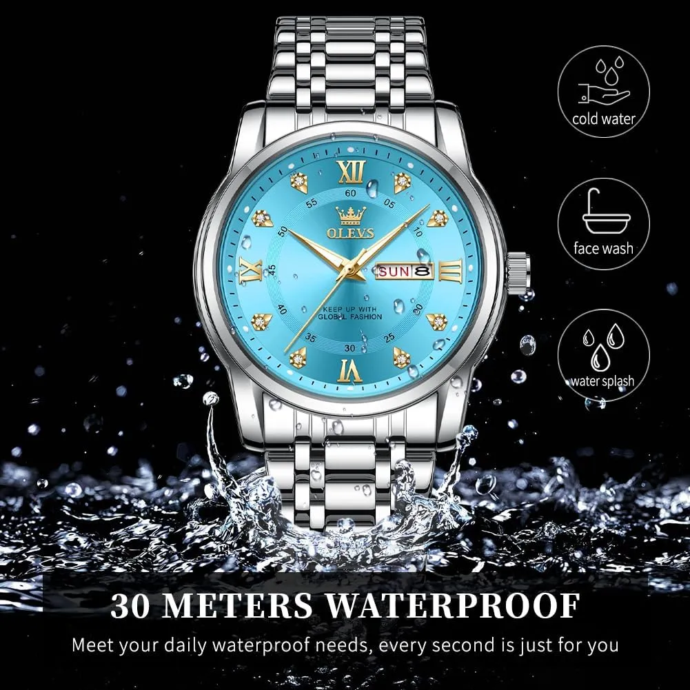 OLEVS Mens Diamond Watch Luxury Business Dress Wrist Watches Quartz Stainless Steel Waterproof Luminous Day Date