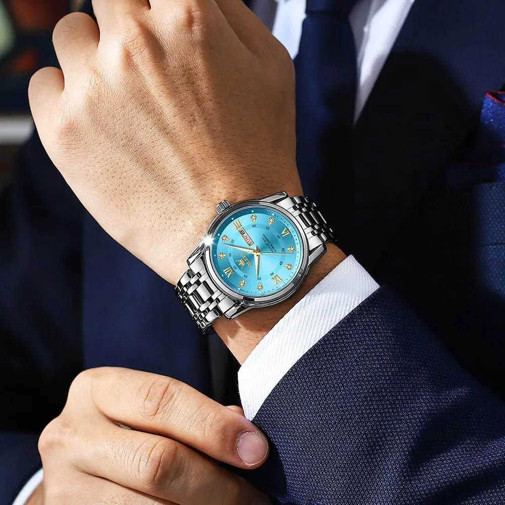 OLEVS Mens Diamond Watch Luxury Business Dress Wrist Watches Quartz Stainless Steel Waterproof Luminous Day Date