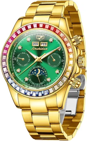 OLEVS Watch for Men Automatic Wristwatch Crystal Diamond Luminous Hands with 3ATM Waterproof Luxury Textured Bracelet Date Display