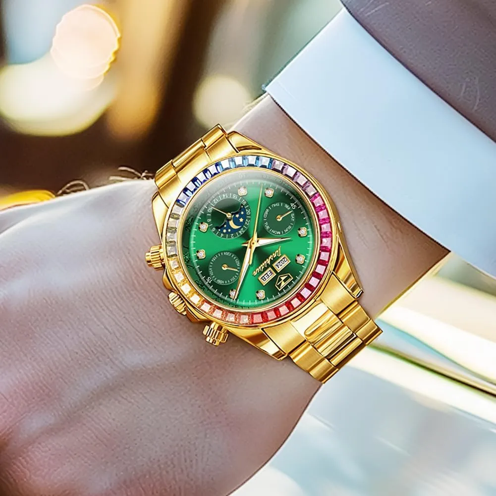 OLEVS Watch for Men Automatic Wristwatch Crystal Diamond Luminous Hands with 3ATM Waterproof Luxury Textured Bracelet Date Display