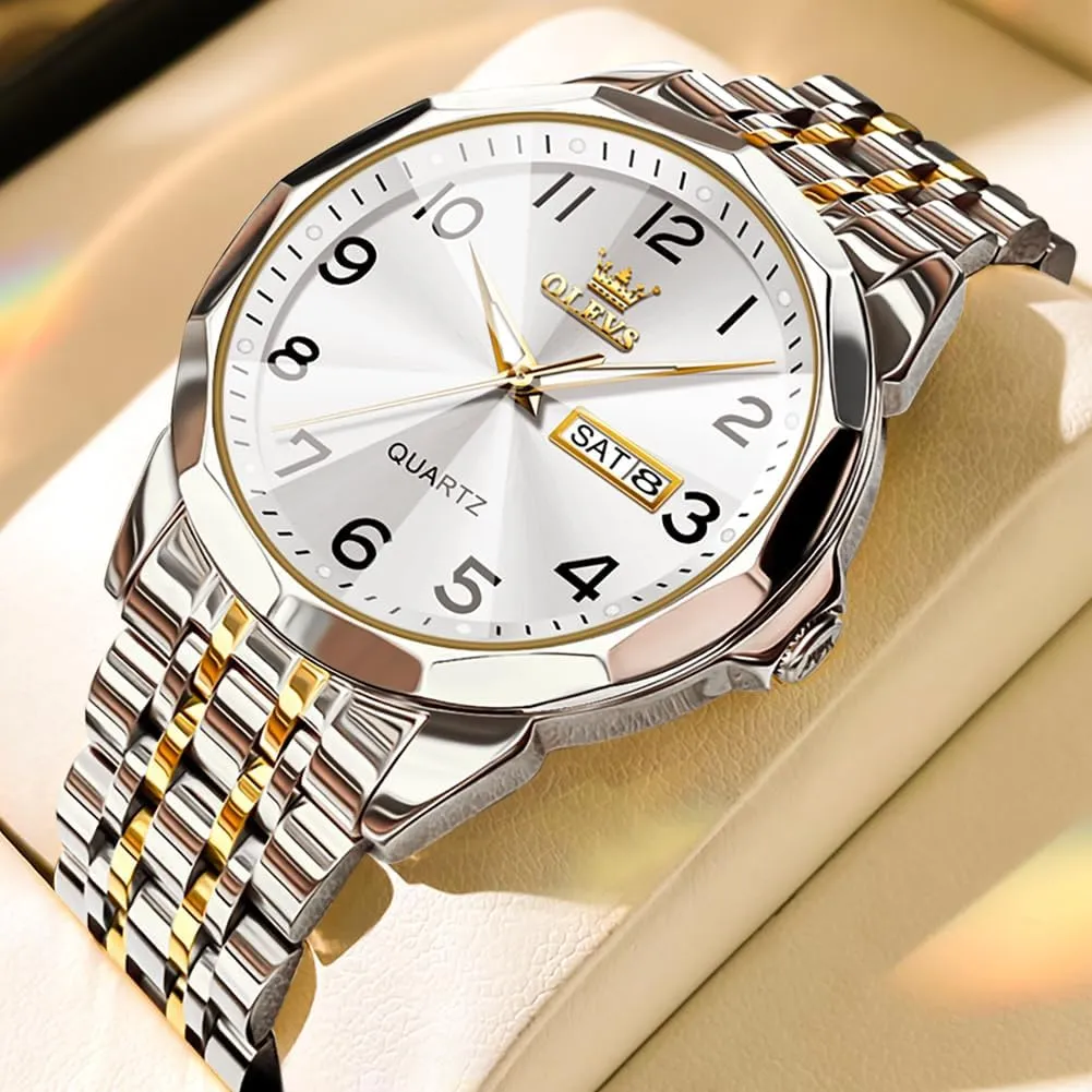 OLEVS Watch for Men Business Dress Diamond Analog Quartz Date Luxury Classic Stainless Steel Waterproof Luminous Two Tone Wrist Watch