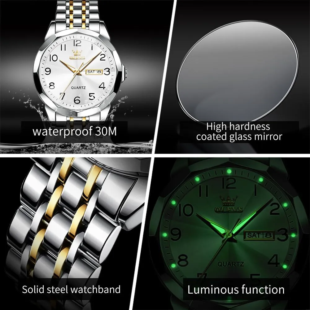 OLEVS Watch for Men Business Dress Diamond Analog Quartz Date Luxury Classic Stainless Steel Waterproof Luminous Two Tone Wrist Watch
