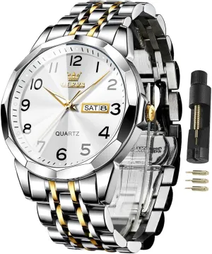 OLEVS Watch for Men Business Dress Diamond Analog Quartz Date Luxury Classic Stainless Steel Waterproof Luminous Two Tone Wrist Watch