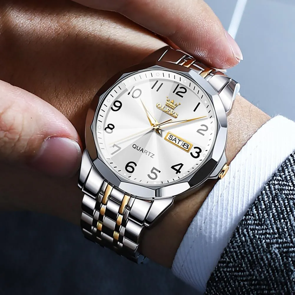 OLEVS Watch for Men Business Dress Diamond Analog Quartz Date Luxury Classic Stainless Steel Waterproof Luminous Two Tone Wrist Watch
