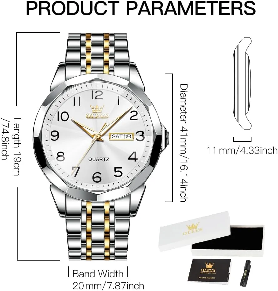OLEVS Watch for Men Business Dress Diamond Analog Quartz Date Luxury Classic Stainless Steel Waterproof Luminous Two Tone Wrist Watch