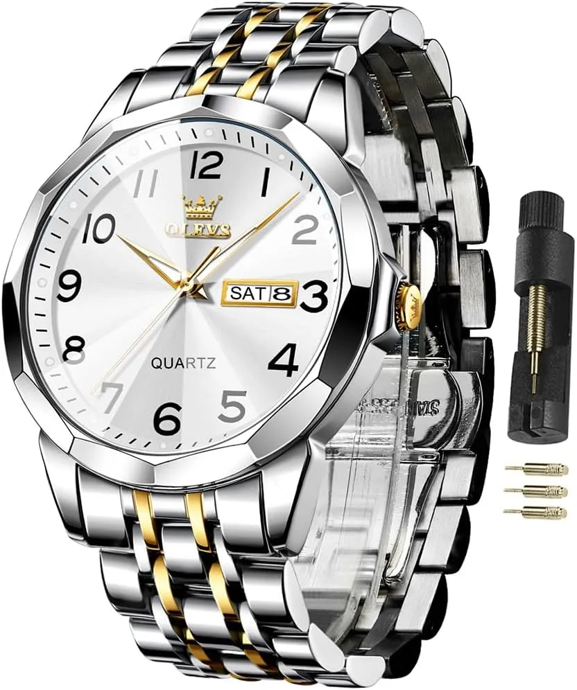 OLEVS Watch for Men Business Dress Diamond Analog Quartz Date Luxury Classic Stainless Steel Waterproof Luminous Two Tone Wrist Watch