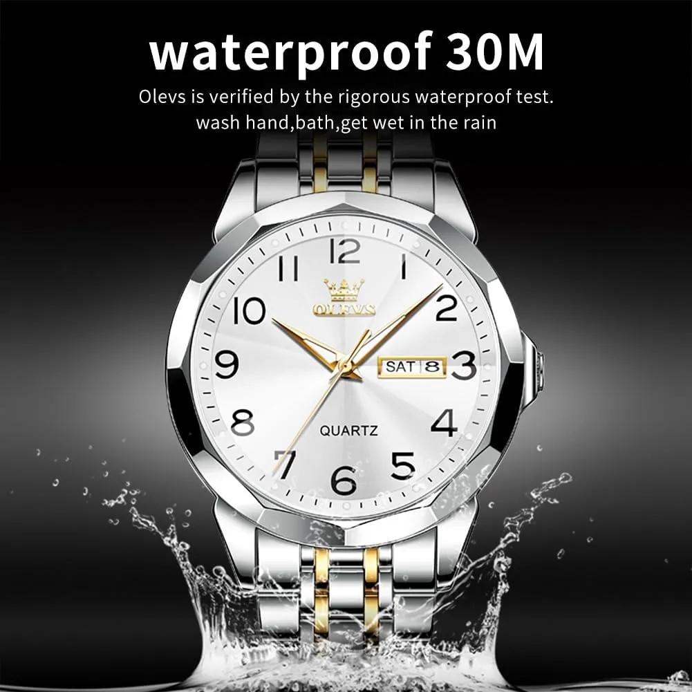 OLEVS Watch for Men Business Dress Diamond Analog Quartz Date Luxury Classic Stainless Steel Waterproof Luminous Two Tone Wrist Watch