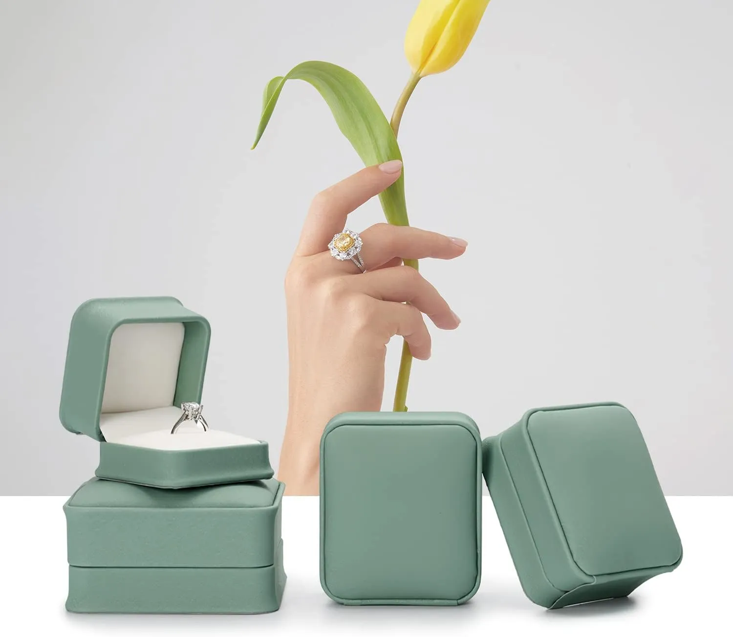 Olive-green Leather Engagement Proposal Ring Box Velvet Interior Jewelry Ring Gift Box
