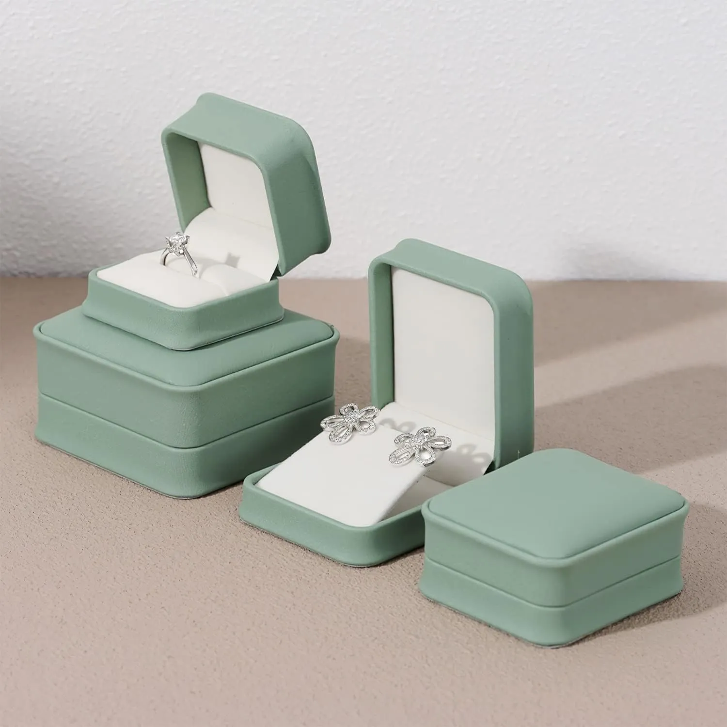 Olive-green Leather Engagement Proposal Ring Box Velvet Interior Jewelry Ring Gift Box