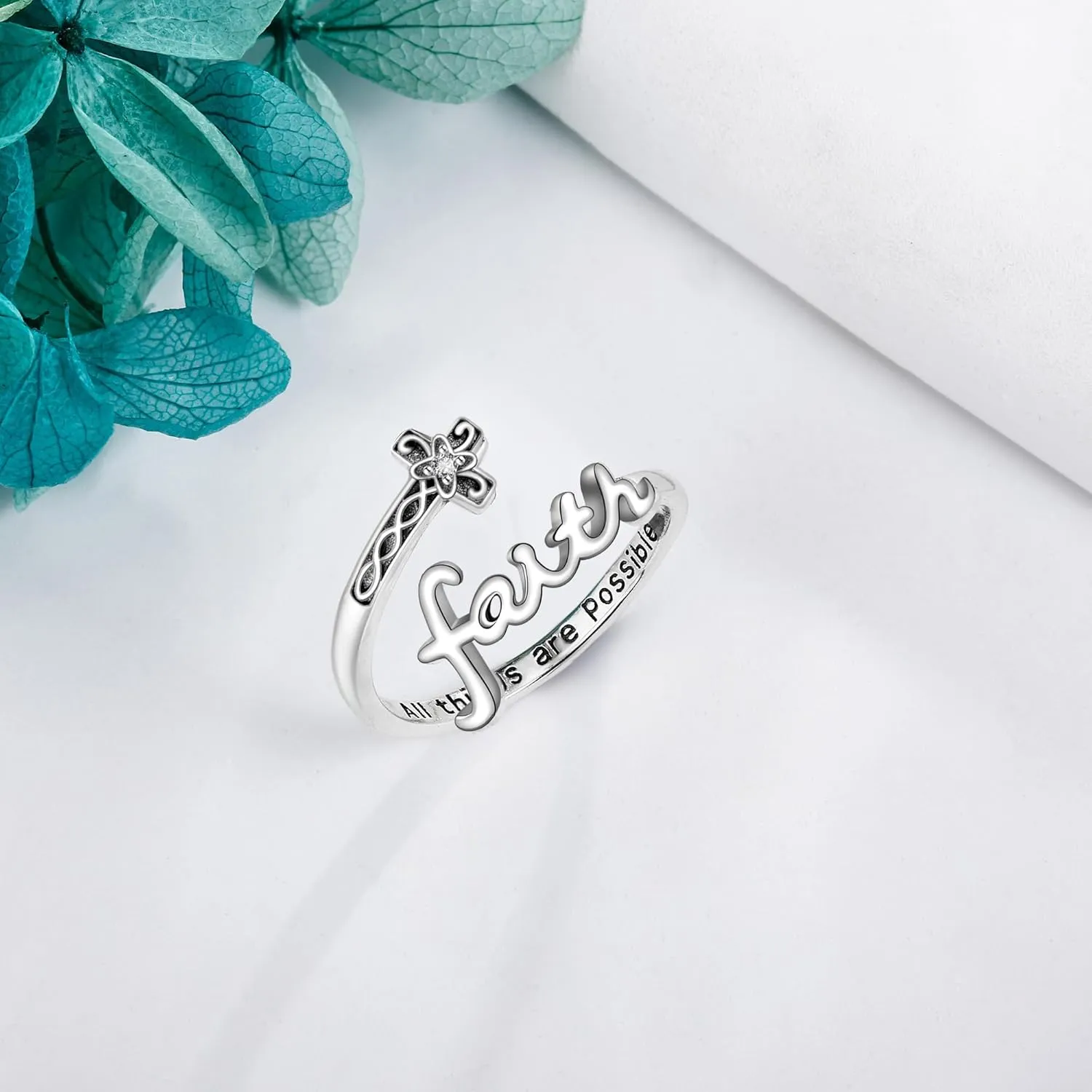 ONEFINITY Cross Rings for Women 925 Sterling Silver Faith Cross Adjustable Ring Christian Spoon Rings Religion Jewelry For Women Daughter Friend