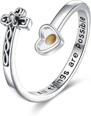ONEFINITY Cross Rings for Women 925 Sterling Silver Jesus/Mustard Seed Cross Ring Faith over Fear Hope Spoon Rings Christian Religion Jewelry for Women Daughter Friend