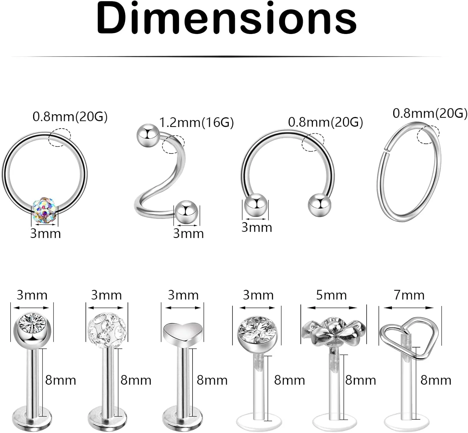 ONESING 12-25 Pcs 16G Tragus Earrings for Women Men Cartilage Earrings Labret Stud Tragus Piercing Jewelry