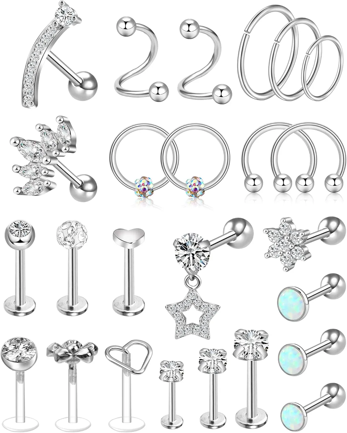 ONESING 12-25 Pcs 16G Tragus Earrings for Women Men Cartilage Earrings Labret Stud Tragus Piercing Jewelry