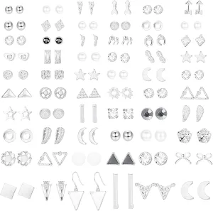 ORAZIO 60 Pair Stud Earrings for Women 316L Stainless Steel Hypoallergenic - Multiple Piercing Options Heart, Star, Pearl, CZ Butterfly Earring Backs Sensitive Ears Jewelry Gift Set