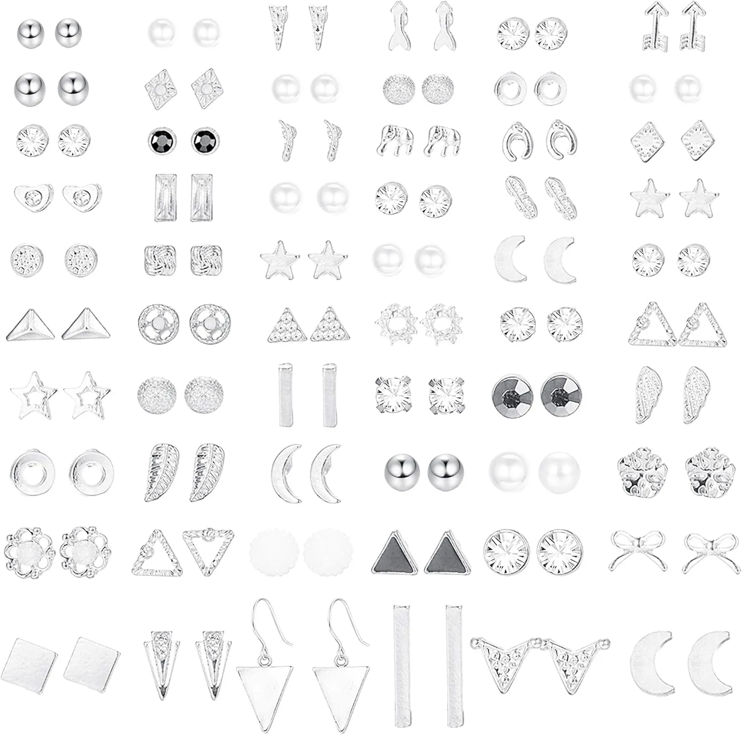 ORAZIO 60 Pair Stud Earrings for Women 316L Stainless Steel Hypoallergenic - Multiple Piercing Options Heart, Star, Pearl, CZ Butterfly Earring Backs Sensitive Ears Jewelry Gift Set