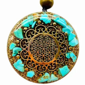 Orgone Necklace, Protection, Symbol Flower of Life, Sacred Geometry, Stone Turquoise, Gems Rose Quartz- SBB Coil, Reiki, Yoga, Healing Crystals, Orgonite Pendant Handmade, Arte Orgones