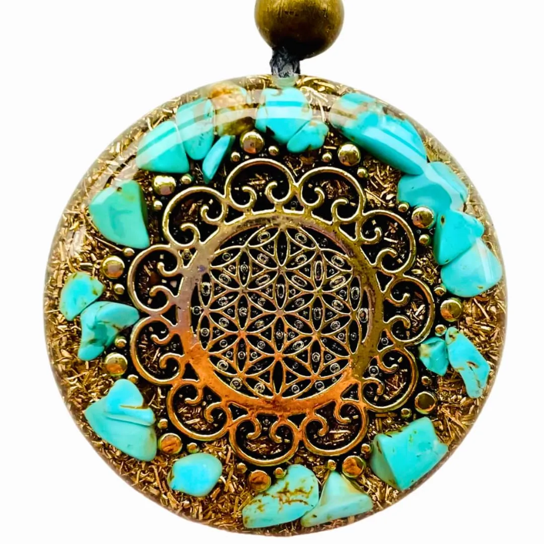 Orgone Necklace, Protection, Symbol Flower of Life, Sacred Geometry, Stone Turquoise, Gems Rose Quartz- SBB Coil, Reiki, Yoga, Healing Crystals, Orgonite Pendant Handmade, Arte Orgones