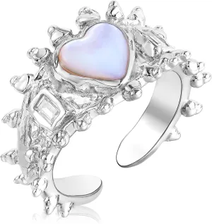Ornaland Women Open Rings Adjustable Pure 925 Silver Plated Platinum Rings with 3A Zirconia Fashion Heart Shell Rings Cuff Finger Ring Jewelry Gift for Women