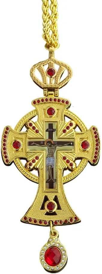 Orthodox Cross Pendant, Jesus Necklace, Diamond Design, Gold, 4.9 Inches