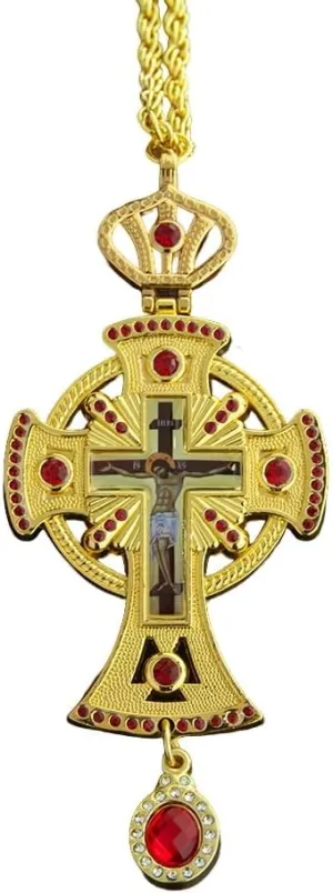 Orthodox Cross Pendant, Jesus Necklace, Diamond Design, Gold, 4.9 Inches