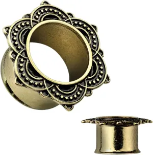 Pair of Large Antique Gold IP Rose of Sharon Design Flared Tunnels Ear Plugs 9/16" (14 mm) Body Unique Jewelry Delicate Design Piercing Steel Surgical For Women