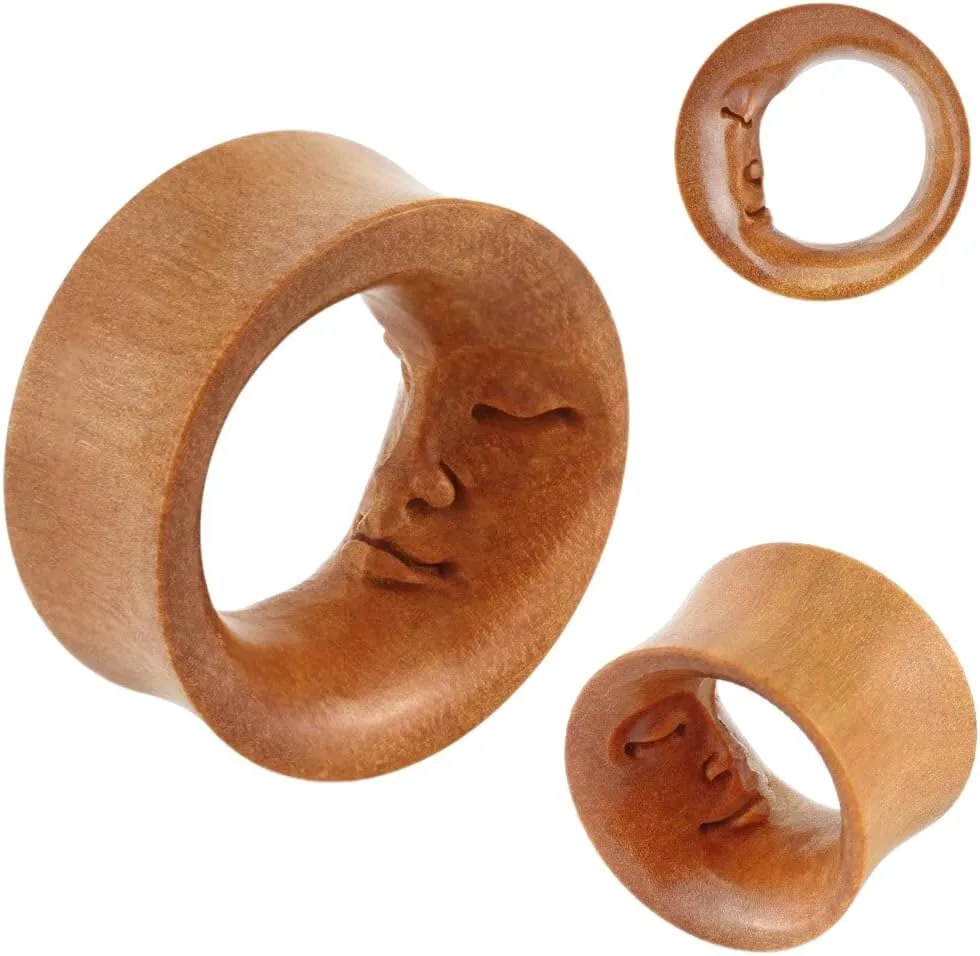 Pair of Moon Face Hand Carved Saddle Fit Sawo Wood Tunnel Ear Plugs 1 and 3/8" (35 mm) Body Unique Jewelry Delicate Design Piercing Steel Surgical For Women