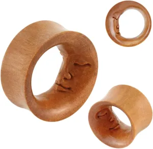 Pair of Moon Face Hand Carved Saddle Fit Sawo Wood Tunnel Ear Plugs 1 and 3/8" (35 mm) Body Unique Jewelry Delicate Design Piercing Steel Surgical For Women