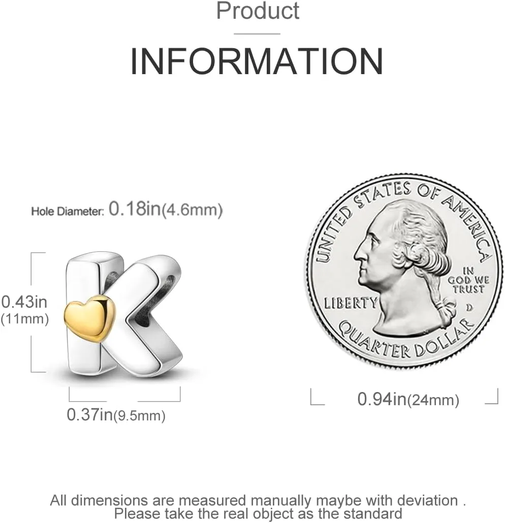 Parmuz 925 Sterling Silver Letter Charms A-Z for Bracelets Necklace Golden Heart Alphabet Initial Beads Pendant Jewelry Gift for Women