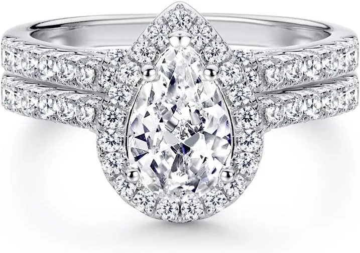Pear Shaped Wedding Ring Set for Women Platinum Plated Silver 2 Carat Center Moissanite Bridal Sets Wedding Ring Teardrop Engagement Ring Set