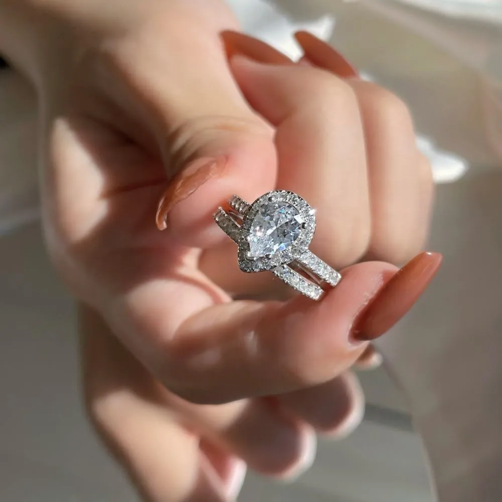 Pear Shaped Wedding Ring Set for Women Platinum Plated Silver 2 Carat Center Moissanite Bridal Sets Wedding Ring Teardrop Engagement Ring Set