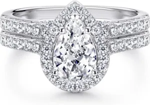 Pear Shaped Wedding Ring Set for Women Platinum Plated Silver 2 Carat Center Moissanite Bridal Sets Wedding Ring Teardrop Engagement Ring Set