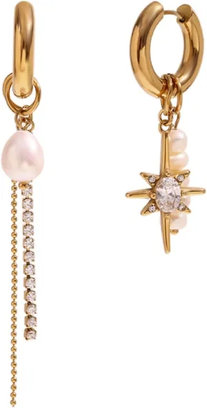 Pearl Earrings Asymmetrical Freshwater Pearl Zirconia Octopus Chain Earrings Stainless Steel 18K Gold Plated Dangle Earrings