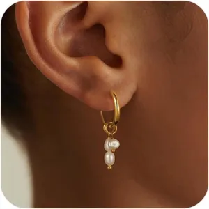 Pearl Earrings for Women - Gold Hoop Earrings for Women Pearl Dangle Earrings for Women Gold Earrings for Women Trendy 14K Gold Jewelry for Women with Pearl Circle | Twisted Rope | Teardrop | Wave Hoop