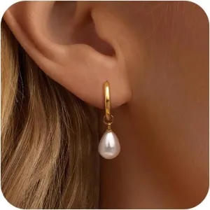 Pearl Earrings for Women - Gold Hoop Earrings for Women Pearl Dangle Earrings for Women Gold Earrings for Women Trendy 14K Gold Jewelry for Women
